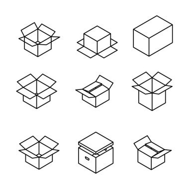 Beyaz arka planda izole edilmiş ince çizgilerden oluşan farklı karton kutular. Paketleme tasarım elemanları. Düz 3D izometrik biçim, vektör illüstrasyonu.
