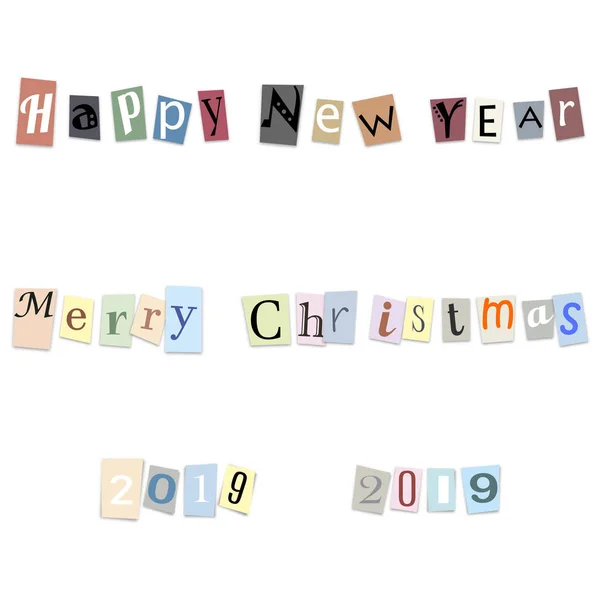 文本新年快乐 圣诞快乐和数字2019从切割字母 向量例证 — 图库矢量图片