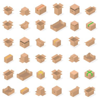 Beyaz arka planda izole edilmiş farklı karton kutular. Paketleme tasarım elemanları. Düz 3D izometrik biçim, vektör illüstrasyonu.