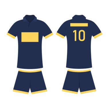 Futbol forması için tişört tasarlama şablonu. Öndeki ve arkadaki futbol takımlarını düzenle. Düz biçim, vektör illüstrasyonu.