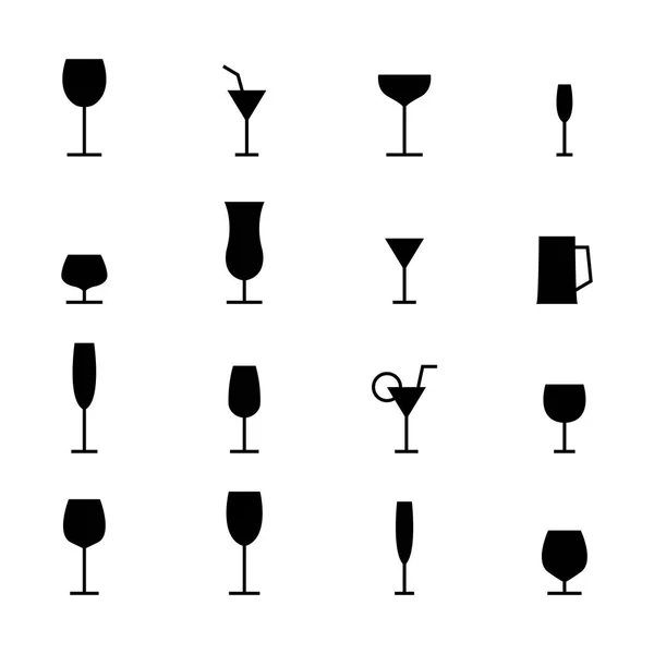 Set Various Glasses Icons Black Silhouettes White Background Vector Illustration — Stock Vector