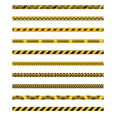 Üzerinde mesaj olan pürüzsüz sarı ve siyah uyarı bantları geçmez, uyarmaz, uyarmaz. Beyaz arka planda izole edilmiş. Yeniden yapılandırma ve vektör illüstrasyonu için tasarım ögeleri.