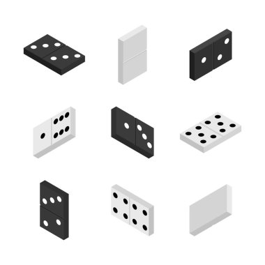 Oyun simgeleri seti. Domino oynamak için siyah beyaz eşyalar. Düz 3D izometrik biçim, vektör illüstrasyonu.