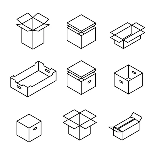 Sada Různých Lepenkových Krabic Tenkých Linií Izolovaných Bílém Pozadí Prvky — Stockový vektor