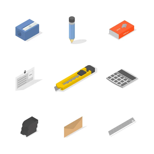 Set of icons, office and school. Flat 3d isometric style, vector illustration. — Stock Vector