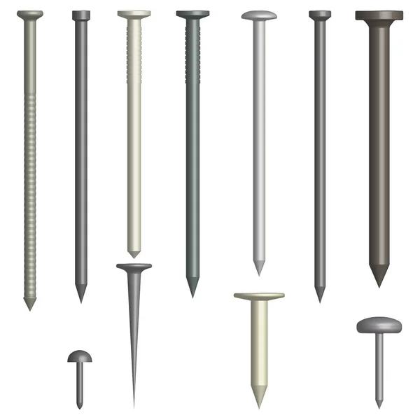 Set of various metal nails, vector illustration. — Stock Vector