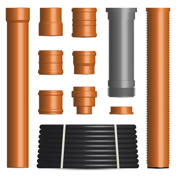 Set of various plastic pipes and connectors, vector illustration. — Stock Vector