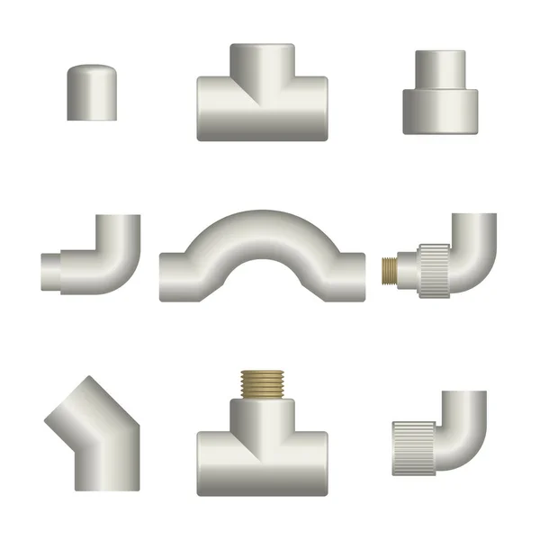 Conjunto de acessórios e conexões para tubos de plástico, ilustração vetorial . —  Vetores de Stock