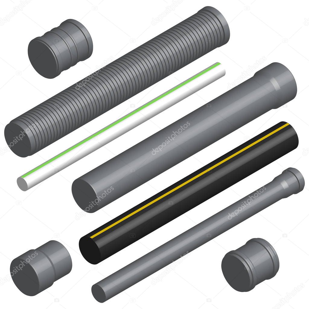 Set of 3D plastic pipes and connectors, vector illustration.