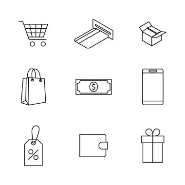 Finans ve alışveriş simgeleri kümesi, vektör çizimi.