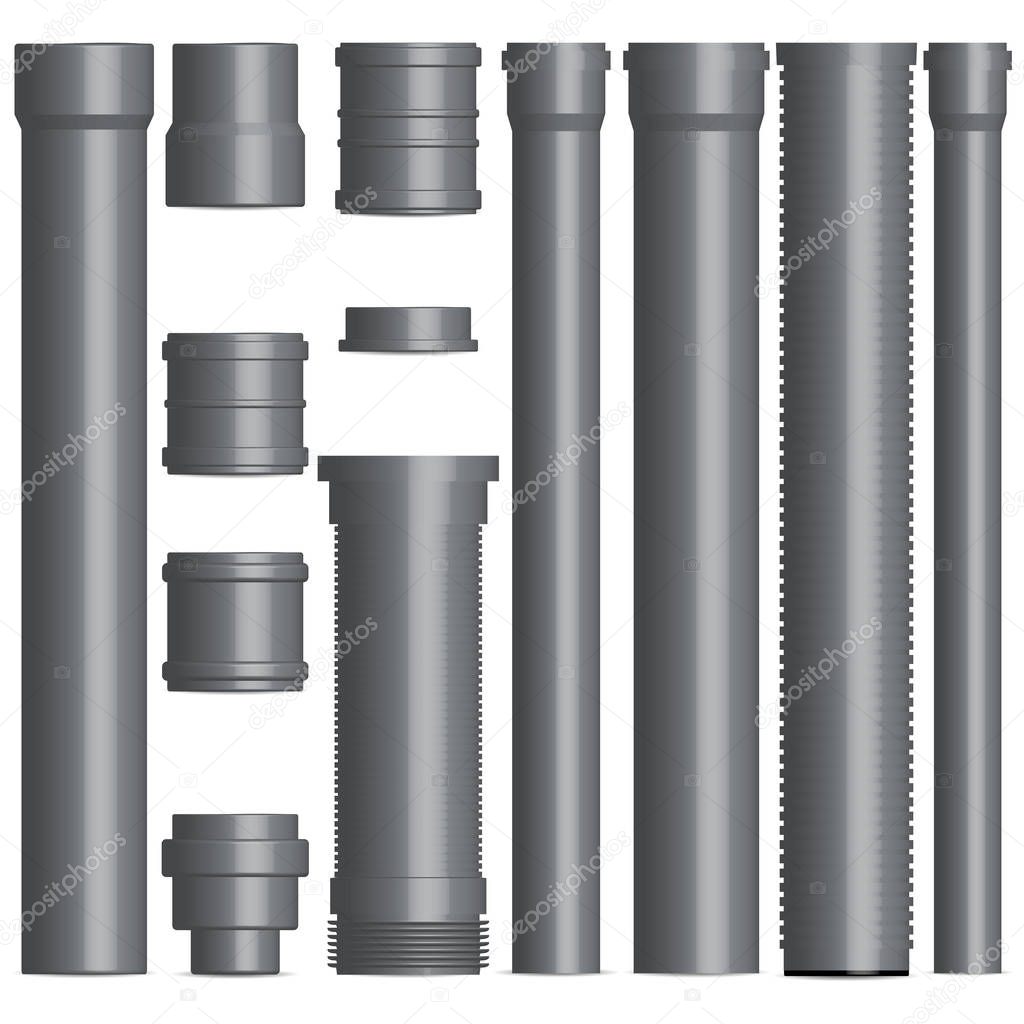 Set of various plastic pipes and connectors, vector illustration.