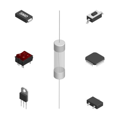 Farklı 3d elektronik bileşenler kümesi, vektör illüstrasyon.