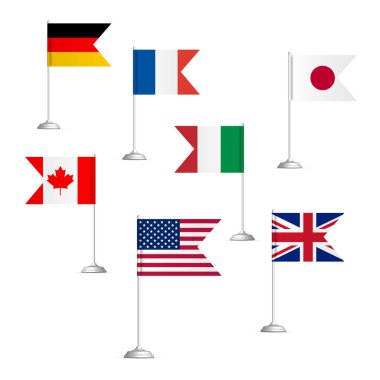 Büyük Yedili ülkelerinin bayrakları, beyaz arka planda izole edilmiş, vektör illüstrasyonu.