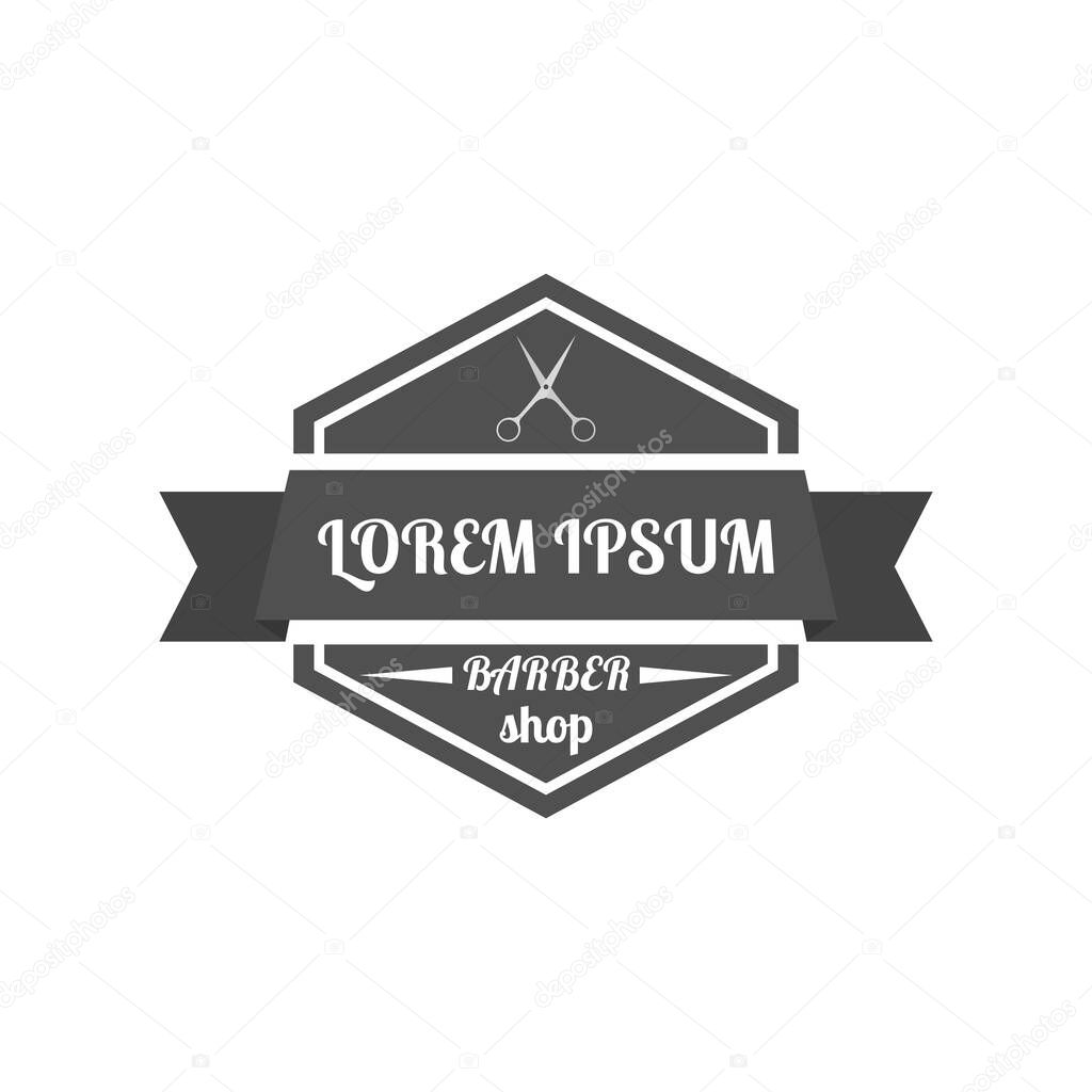 Grey emblem, logo, label for a barber shop, isolated on a white background. Vintage flat style, vector illustration.