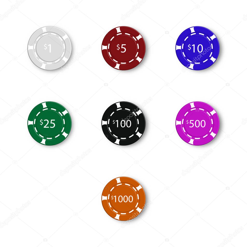 Various casino chips, isolated on white background. The color indicates the denomination in dollars. 3D style, vector illustration.