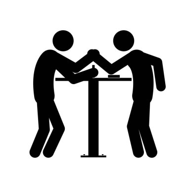 Bir grup çöp adam, beyaz arka planda siyah adam siluetleri. Bilek güreşi, vektör çizimi.