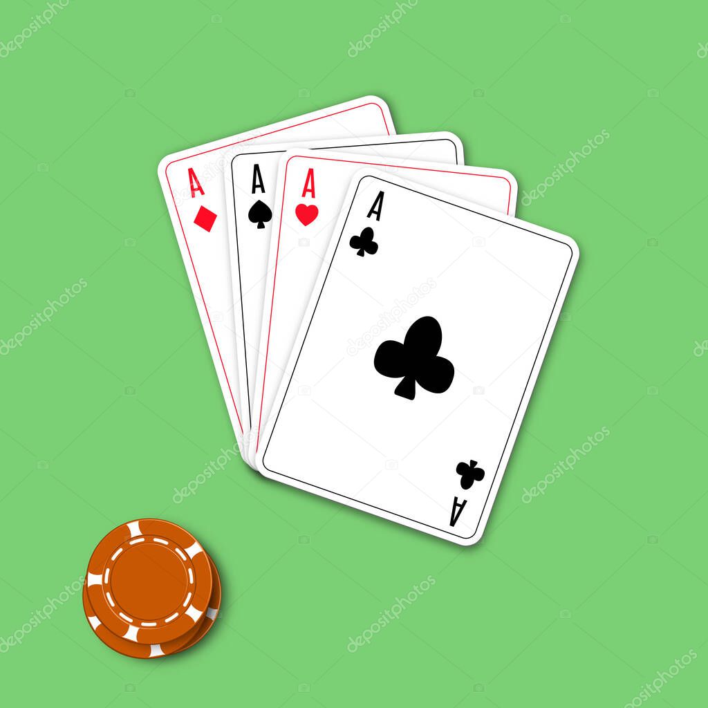 3D Casino chips and playing cards isolated. Top view, vector illustration.