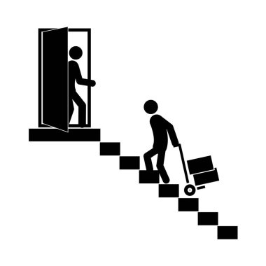 Siyah beyaz çöp adam, düz vektör çizimi. Teslimat, taşıma hizmeti, lojistik, kurye ve ulaşım kavramı. Minimalist pictogram biçimi.