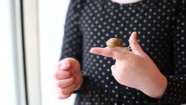 Çocuğun elinde büyük salyangoz. Sığ dof