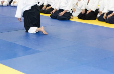 Kimono ve hakama giymiş insanlar dövüş sanatları eğitimi alıyorlar.