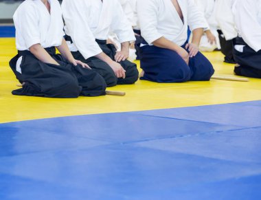 Kimonolu insanlar dövüş sanatları silah eğitimi semineri veriyor.