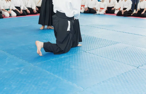 Människor i kimono och hakama på kampsport utbildning — Stockfoto