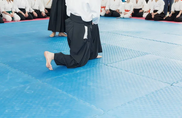 Personas en kimono y hakama en entrenamiento de artes marciales — Foto de Stock