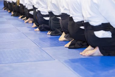 Kimono ve hakama giymiş insanlar dövüş sanatları eğitimi alıyorlar.