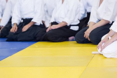 Kimono ve hakama giymiş insanlar dövüş sanatları eğitimi alıyorlar.