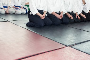 Kimono ve hakama giymiş insanlar dövüş sanatları eğitimi alıyorlar.