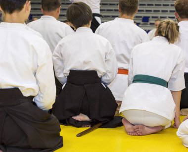 Kimonolu insanlar dövüş sanatları silah eğitimi semineri veriyor.