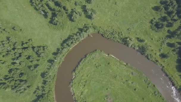 Latające nad piękną rzeką i zielone pola — Wideo stockowe