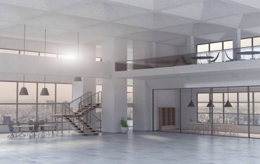 Bir gündüz modern ofis iç. 3D render