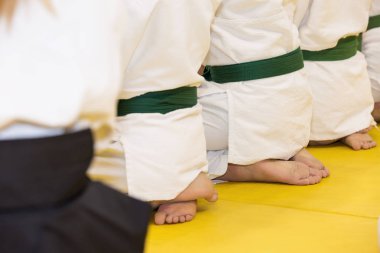 Kimono ve hakama giymiş insanlar dövüş sanatları eğitimi alıyorlar.