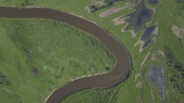 Volando sobre el hermoso río y los campos verdes — Vídeo de stock