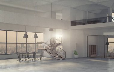 Bir gündüz modern ofis iç. 3D render