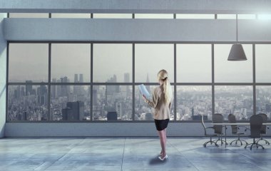 Başarılı iş kavramı. Açık alan çatı ofisi. 3D render elemanları kolaj