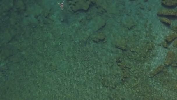 Mulher bonita em um terno de natação gosta de nadar em mar cristalino — Vídeo de Stock