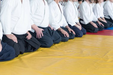 Kimono ve hakama giymiş insanlar dövüş sanatları eğitimi alıyorlar.