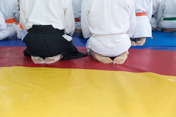 Люди в кімоно і хакама про тренування бойових мистецтв — стокове фото