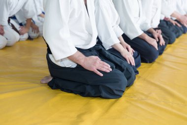 Kimono ve hakama giymiş insanlar dövüş sanatları eğitimi alıyorlar.