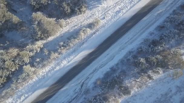 Vozů Jedoucích Zimní Cestě Sněhem Pokryta Stromy Letecké Záběry — Stock video