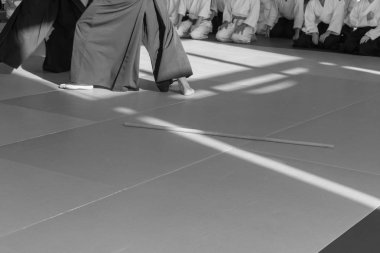 Kimonolu insanlar dövüş sanatları silah eğitimi semineri veriyor.