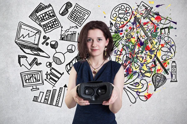 Young woman with VR headset standing against a wall with arts and science sketch