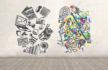 Bilim ve sanat duvar üzerinde çizilmiş kroki