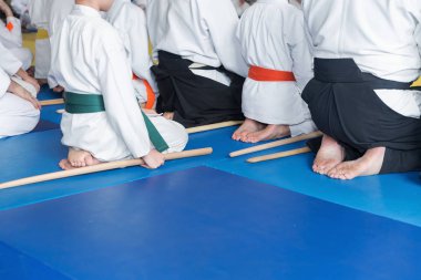 Kimonolu insanlar dövüş sanatları silah eğitimi semineri veriyor.