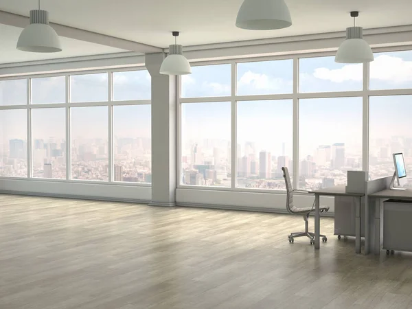 Wnętrze nowoczesne biuro z panoramicznymi oknami. renderowania 3D — Zdjęcie stockowe
