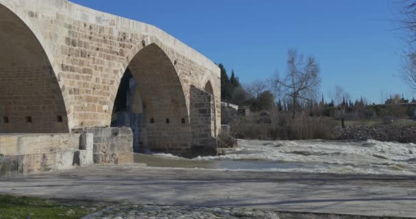 A középkori híd a Eurymedon folyón. Aspendos, Törökország. — Stock videók