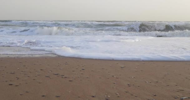 Απαλό κύμα της θάλασσας πάνω στην αμμώδη παραλία με λευκό καθαρό αφρού — Αρχείο Βίντεο