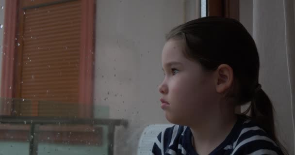 Seorang gadis kecil duduk di dekat jendela di hari hujan — Stok Video